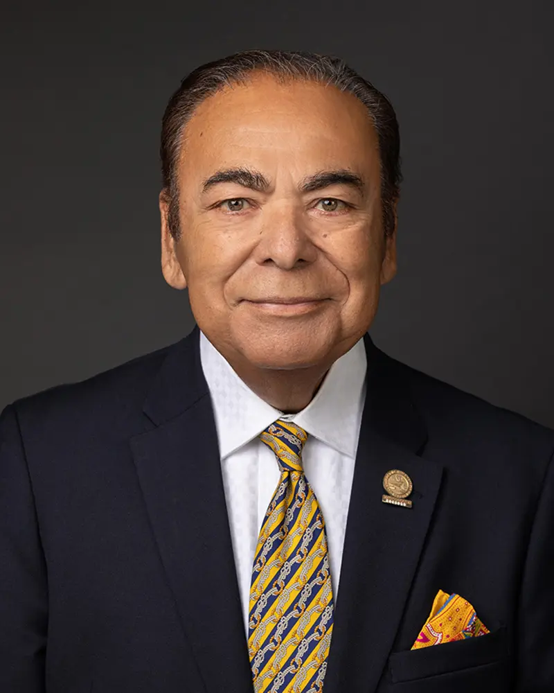 Man in a dark suit jacket, white shirt, and patterned yellow tie with matching pocket square, standing against a dark background, exuding the authoritative presence of a Port Authority commissioner.