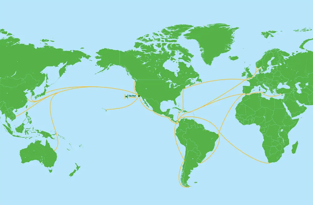 A world map displaying a network of curved, yellow lines connecting various continents, indicating global routes or connections. The continents are shaded green, and the oceans are blue, making it easy to spot the ideal location for future ventures.