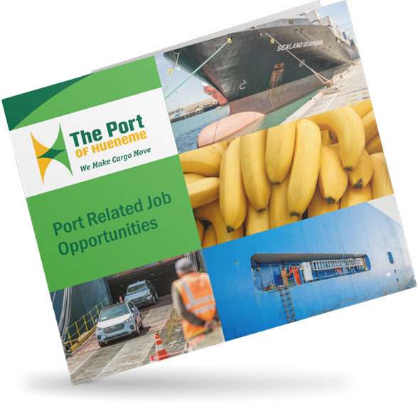 A pamphlet titled "Port Related Career Opportunities" from The Port of Hueneme, showcasing images of a ship, bananas, a worker with safety gear, and a blue ship with vehicles inside.
