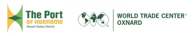 Logos of The Port of Hueneme and World Trade Center Oxnard. The Port of Hueneme logo features green and yellow patterns, while the World Trade Center Oxnard logo includes globes and green text, highlighting its focus on global trade.