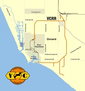Map of Ventura County showing major roads, the Port of Hueneme, Oxnard, and the Ventura County Railroad (VCRR) train routes. The VCRR facilitates railway journeys that connect various locations within the area.