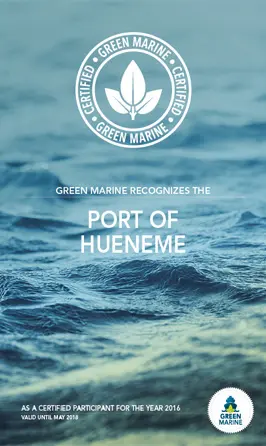Certificate from Green Marine recognizing the Port of Hueneme as a certified participant for the year 2016, valid until May 2018. The background features an image of ocean water, highlighting their commitment to sustainable shipping practices and high environmental standards.
