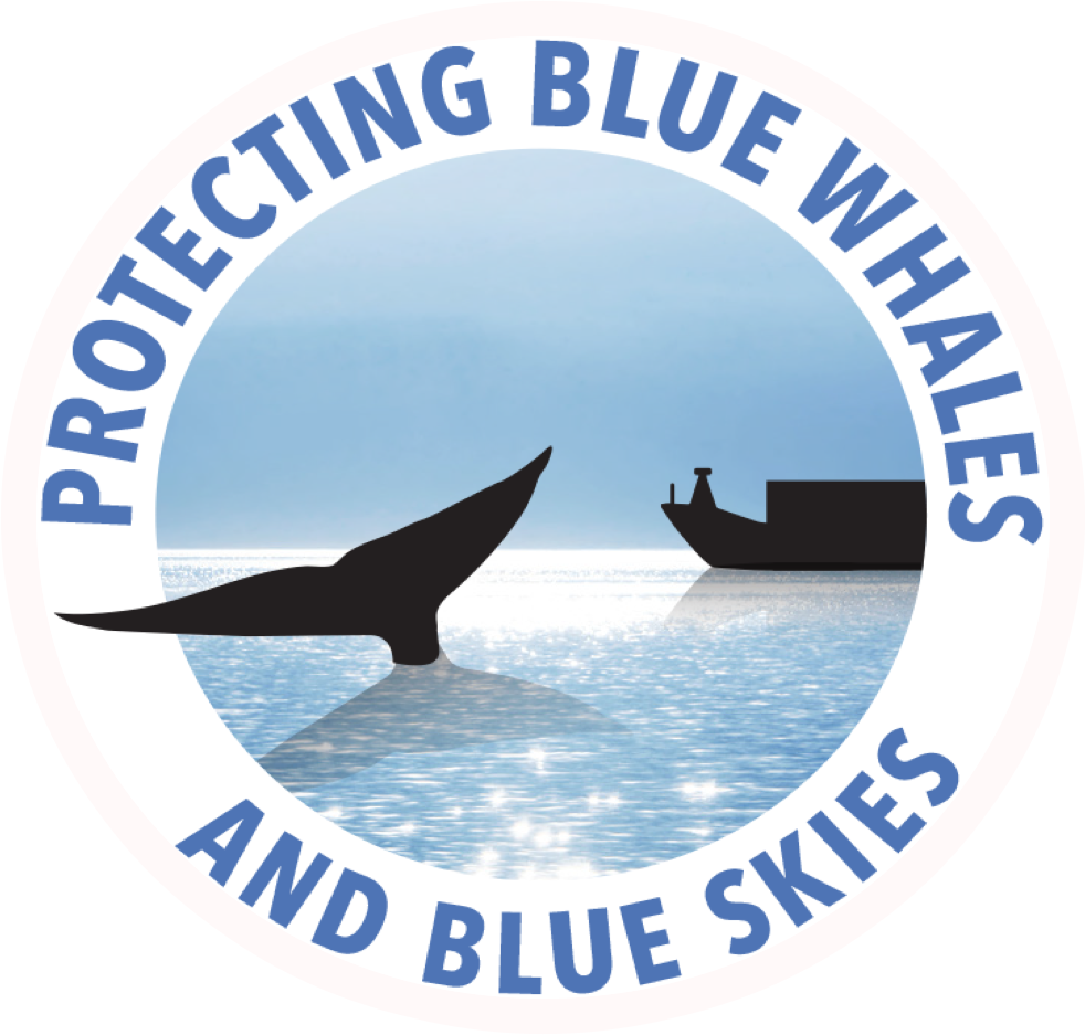 A silhouette of a whale tail and a ship with the text "Protecting Blue Whales and Blue Skies" encircling the scene, highlighting the program's conservation message.
