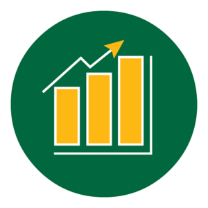 A green circle containing a yellow bar graph with three vertical bars and an upward-pointing arrow, symbolizing growth, modernization, or increased performance.