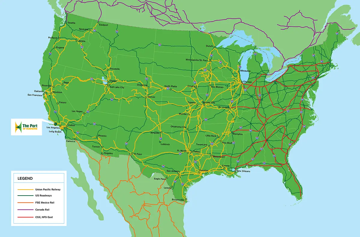 Map of the United States showing major railroads. Different colored lines represent Union Pacific, BNSF Railways, FEC, CSX, and Norfolk Southern railways. Red and yellow lines dominate the eastern half, making it an ideal location for railway enthusiasts to explore these vibrant networks.