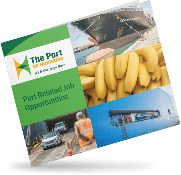 A pamphlet titled "Port Related Career Opportunities" from The Port of Hueneme, showcasing images of a ship, bananas, a worker with safety gear, and a blue ship with vehicles inside.