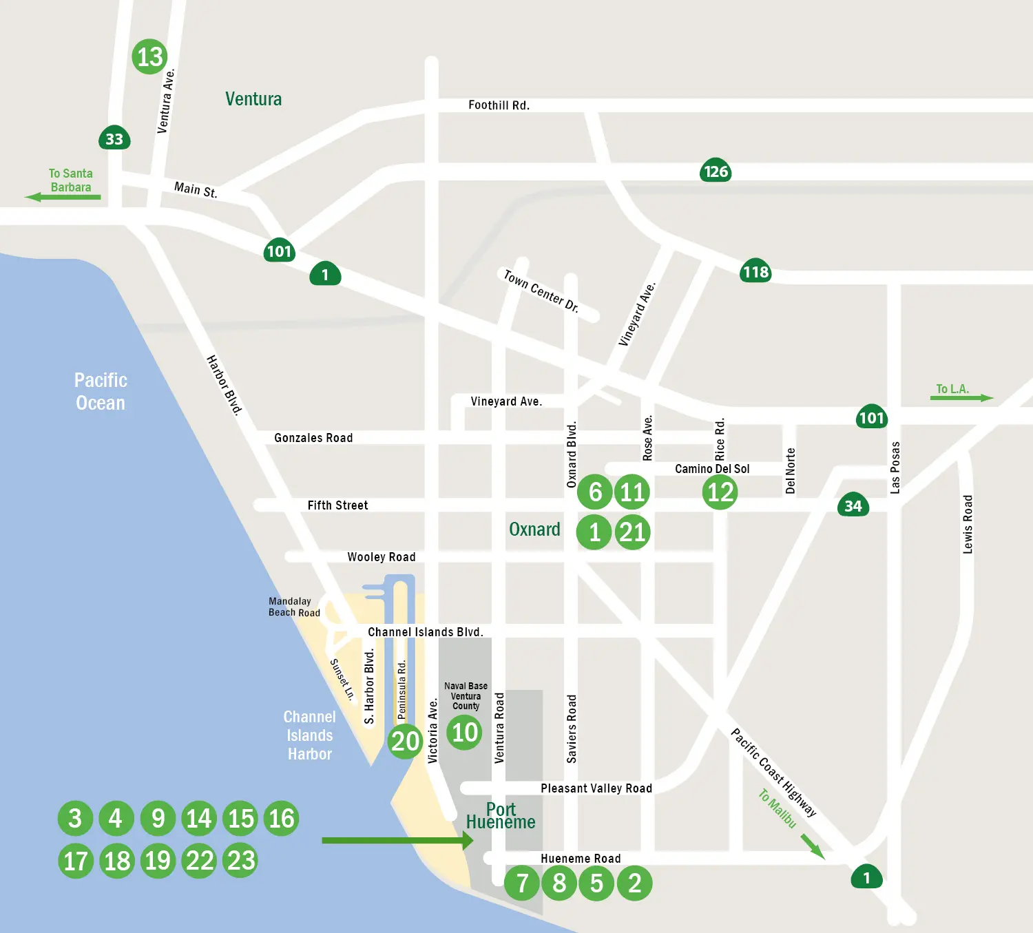 Map of downtown Oxnard, California, labeled with numbered locations. Key roads, landmarks, and surrounding areas like the Pacific Ocean and Channel Islands Harbor are highlighted. Discover employment opportunities near prominent landmarks to jumpstart your career.