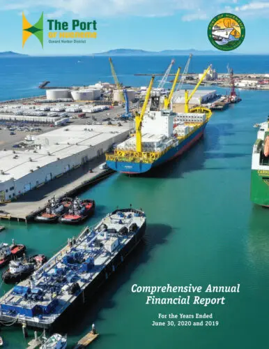 Aerial view of The Port of Hueneme with ships docked and containers stacked. Text reads "Comprehensive Annual Financial Report for the Years Ended June 30, 2020 and 2019," highlighting detailed financial statements.