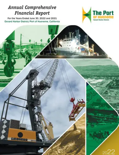 Cover of "Annual Comprehensive Financial Report" for the Port of Hueneme, featuring images of a ship, crane, and cargo operations. Text includes accounting details and financial statements for 2020, 2021, and 2022.