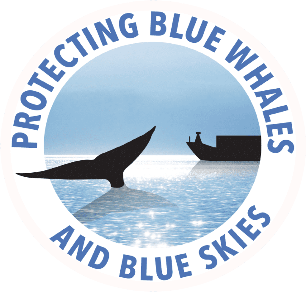 A silhouette of a whale tail and a ship with the text "Protecting Blue Whales and Blue Skies" encircling the scene, highlighting the program's conservation message.