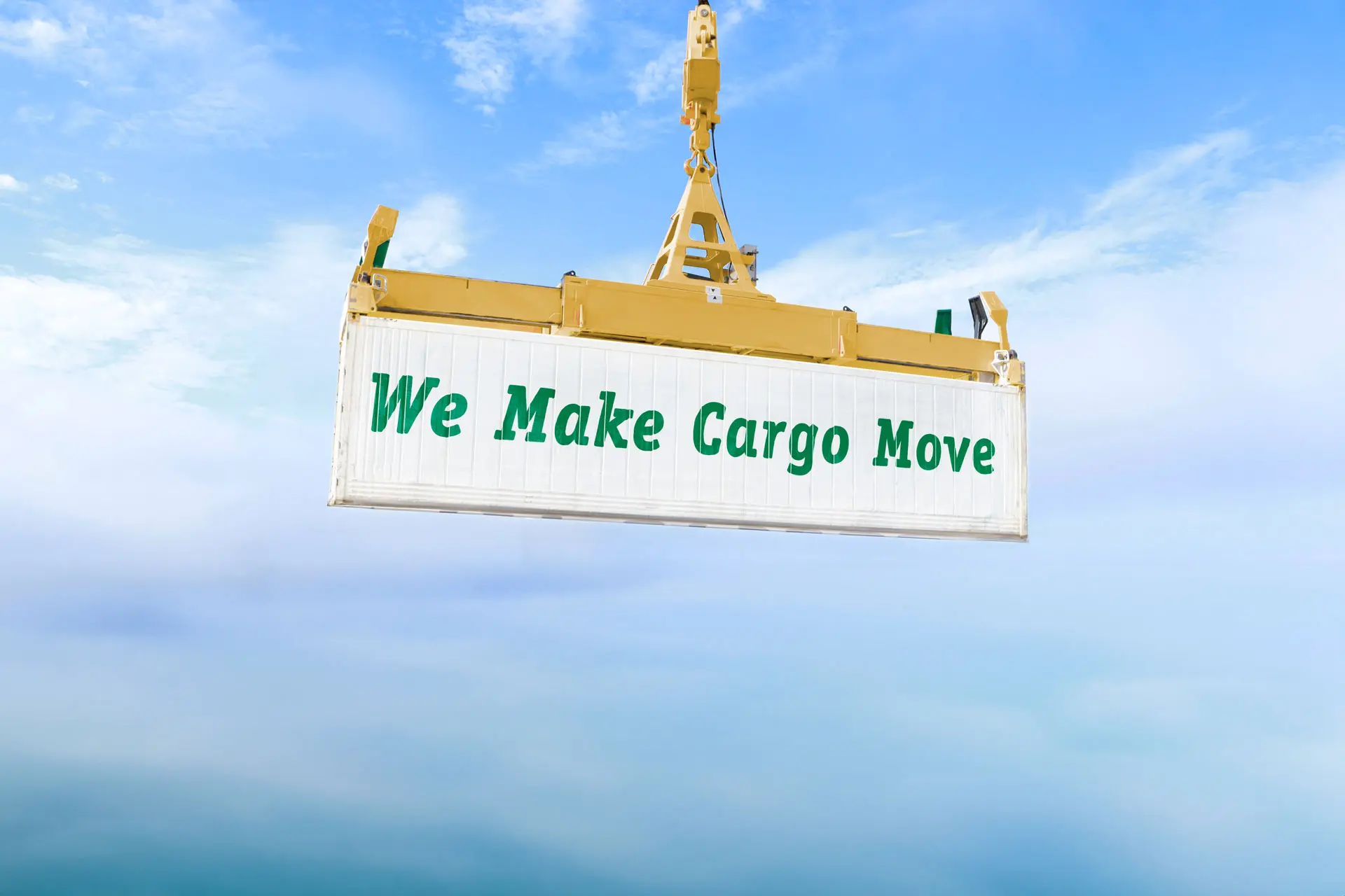 A crane carrying a cargo container that says "We make cargo move."