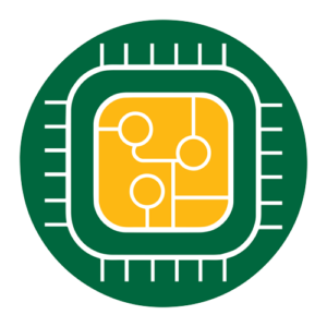 Illustration of a yellow microchip with green circuitry inside a green circle with white accents, symbolizing modernization.