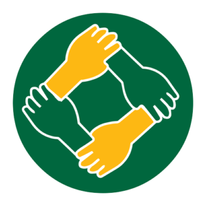 Four interlocking hands, alternating in yellow and green, forming a square on a green circular background, symbolize modernization and unity.