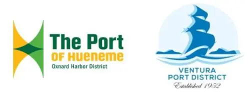 Logos of The Port of Hueneme, Oxnard Harbor District (left) and Ventura Port District (right), featuring stylized graphics and text indicating their respective names and regions; a $3.935 Million State Grant for the Port of Hueneme highlights its role in California's expanding Port Data Partnership Program.