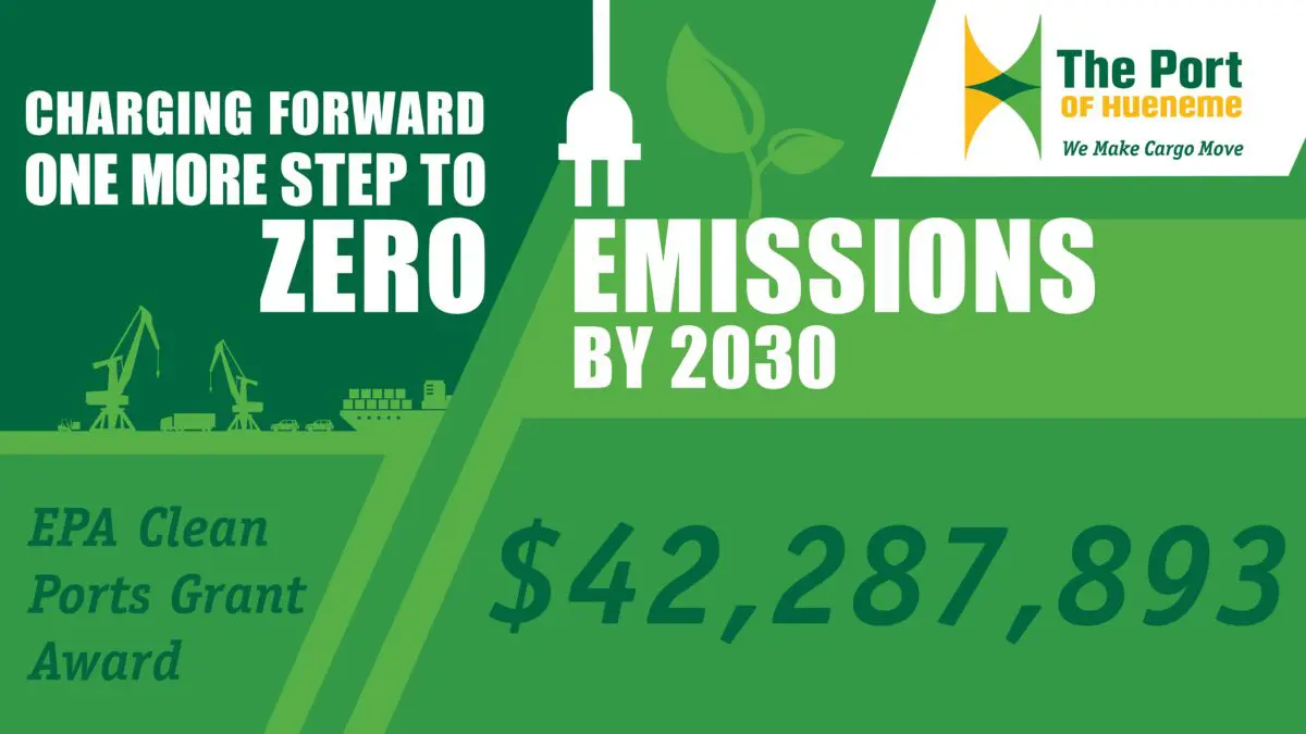 A vibrant green graphic showcases The Port of Hueneme's commitment to achieving zero emissions by 2030, highlighting the $42,287,893 EPA Clean Ports Grant. The display also nods to a recent $3.935 million state grant as part of California's Port Data Partnership Program expansion.