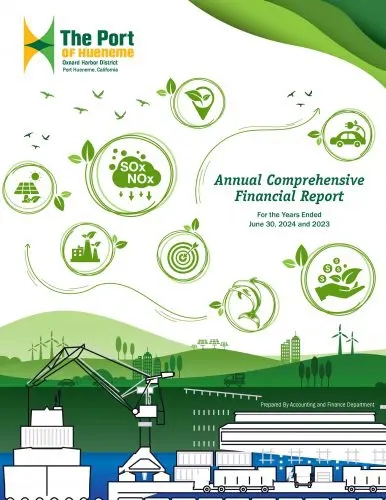 Cover page of The Port of Huenemes financial report, featuring green energy and environmental icons, with wind turbines and cargo ships in the background.