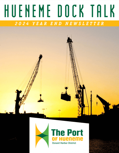 Silhouetted cranes at sunset grace the cover of the Hueneme Dock Talk 2024 Year End Newsletter for The Port of Hueneme, Oxnard Harbor District, celebrating a $3.935 million state grant as part of the expanding California Port Data Partnership Program.