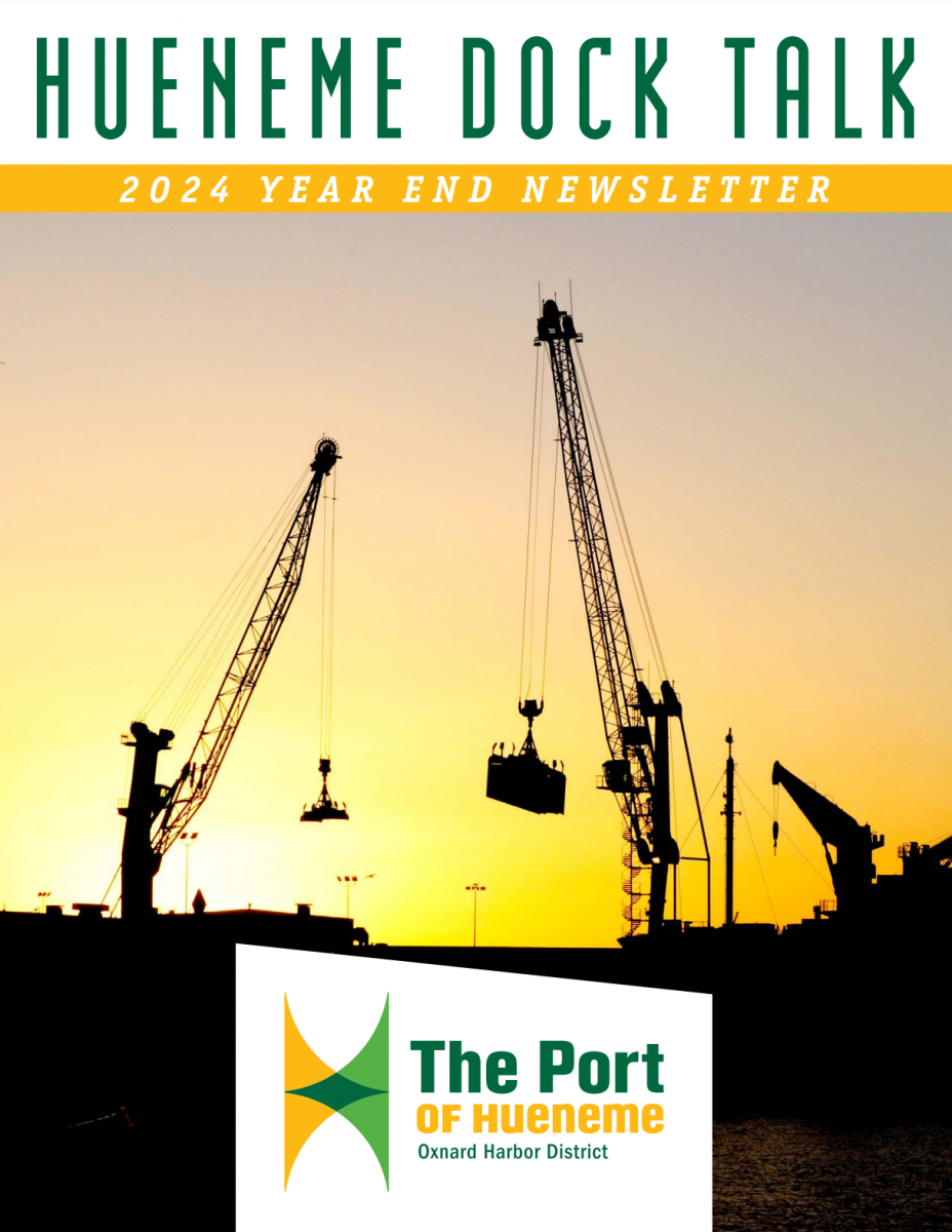 Silhouetted cranes at sunset grace the cover of the Hueneme Dock Talk 2024 Year End Newsletter for The Port of Hueneme, Oxnard Harbor District, celebrating a $3.935 million state grant as part of the expanding California Port Data Partnership Program.