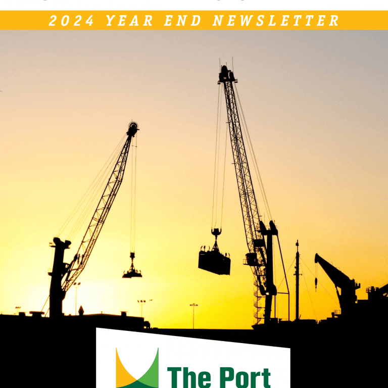 Silhouetted cranes at sunset grace the cover of the Hueneme Dock Talk 2024 Year End Newsletter for The Port of Hueneme, Oxnard Harbor District, celebrating a $3.935 million state grant as part of the expanding California Port Data Partnership Program.