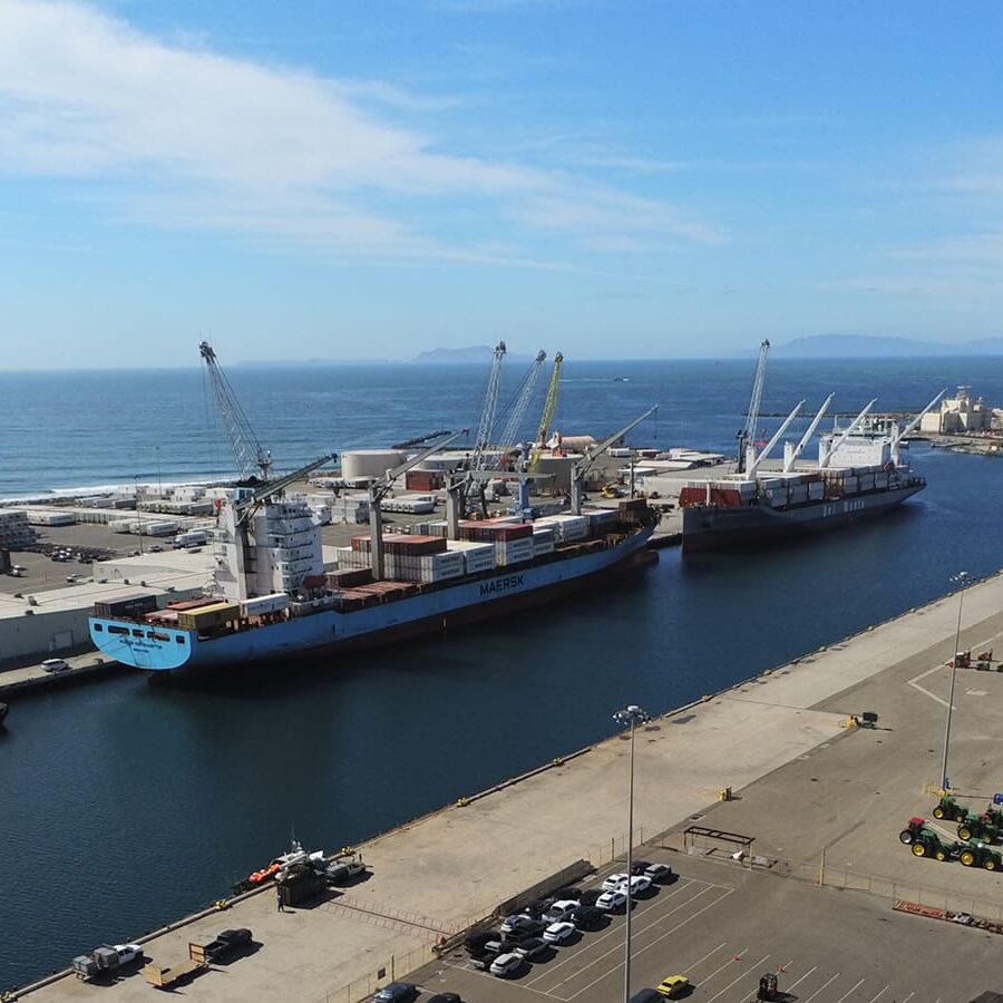 Aerial view of a coastal port with two docked cargo ships, cranes, shipping containers, and accessible port infrastructure set against a backdrop of the ocean and clear sky.